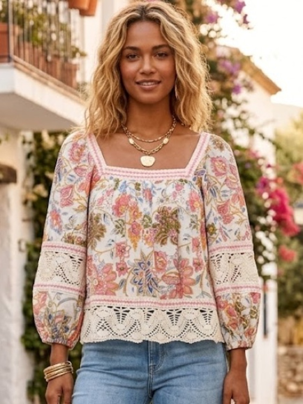Christian Siriano NY Boho Floral Crochet Trim Square Neck Top Cream/Pink Small
